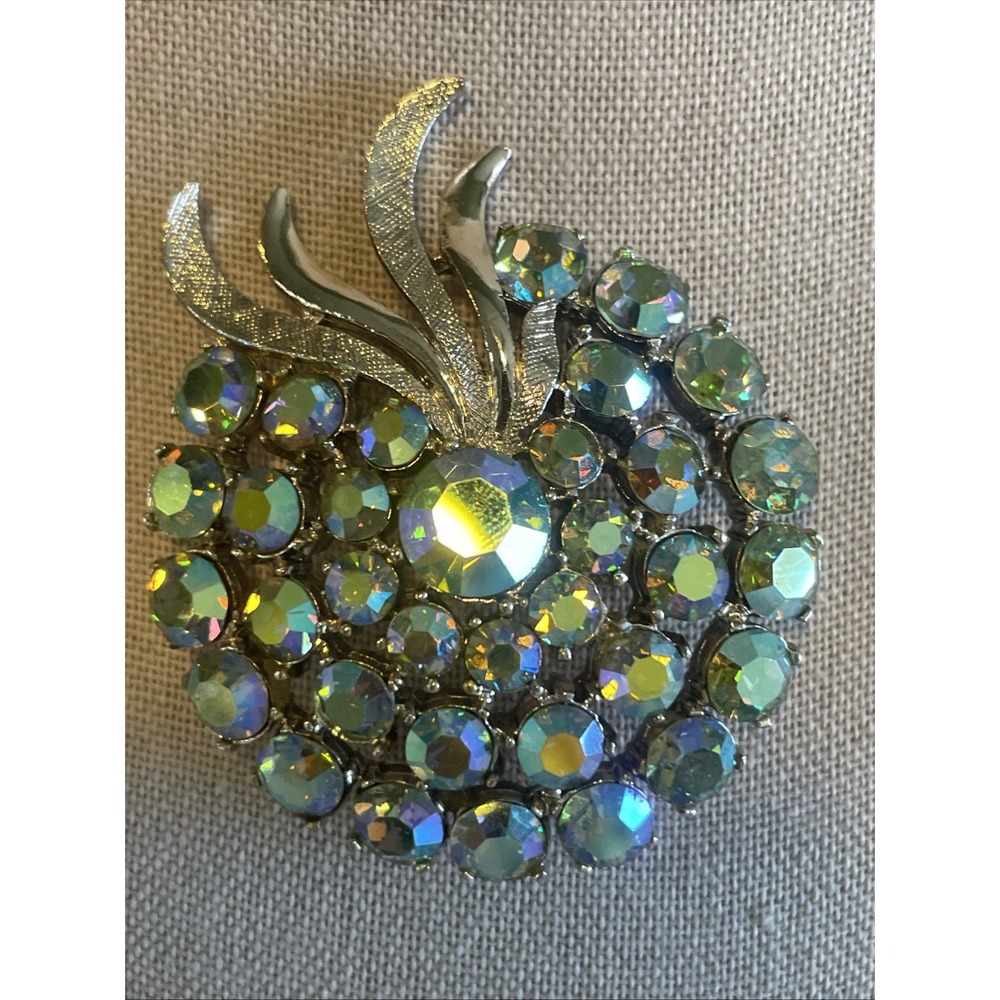 Vintage Aurora Borealis Rhinestone Brooch Silver Tone Mid Century Costume Signed